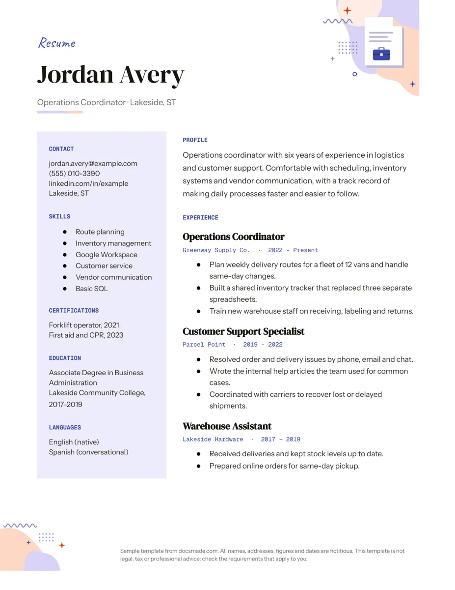 Resume template in Google Docs, first page