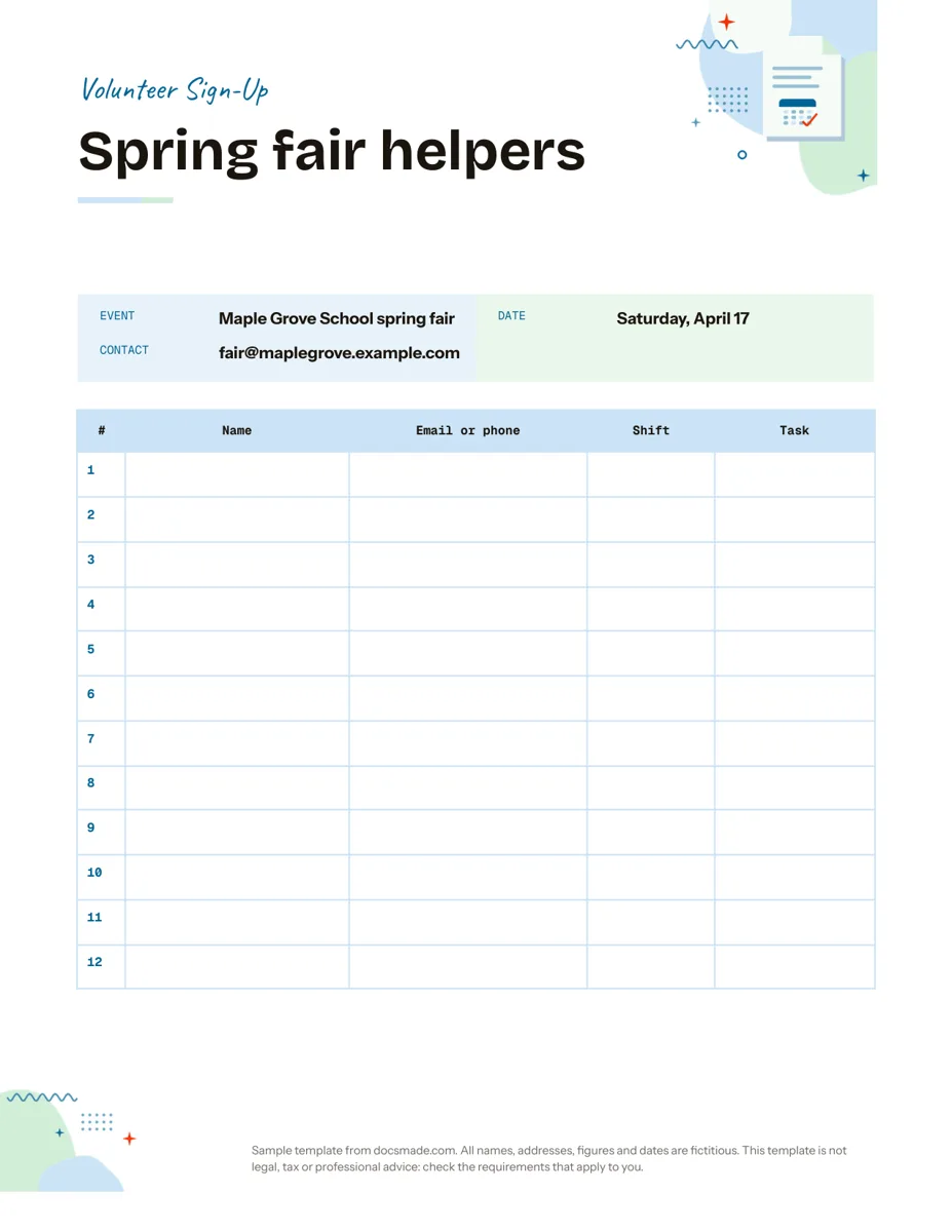 Sign-up sheet template in Google Docs, first page