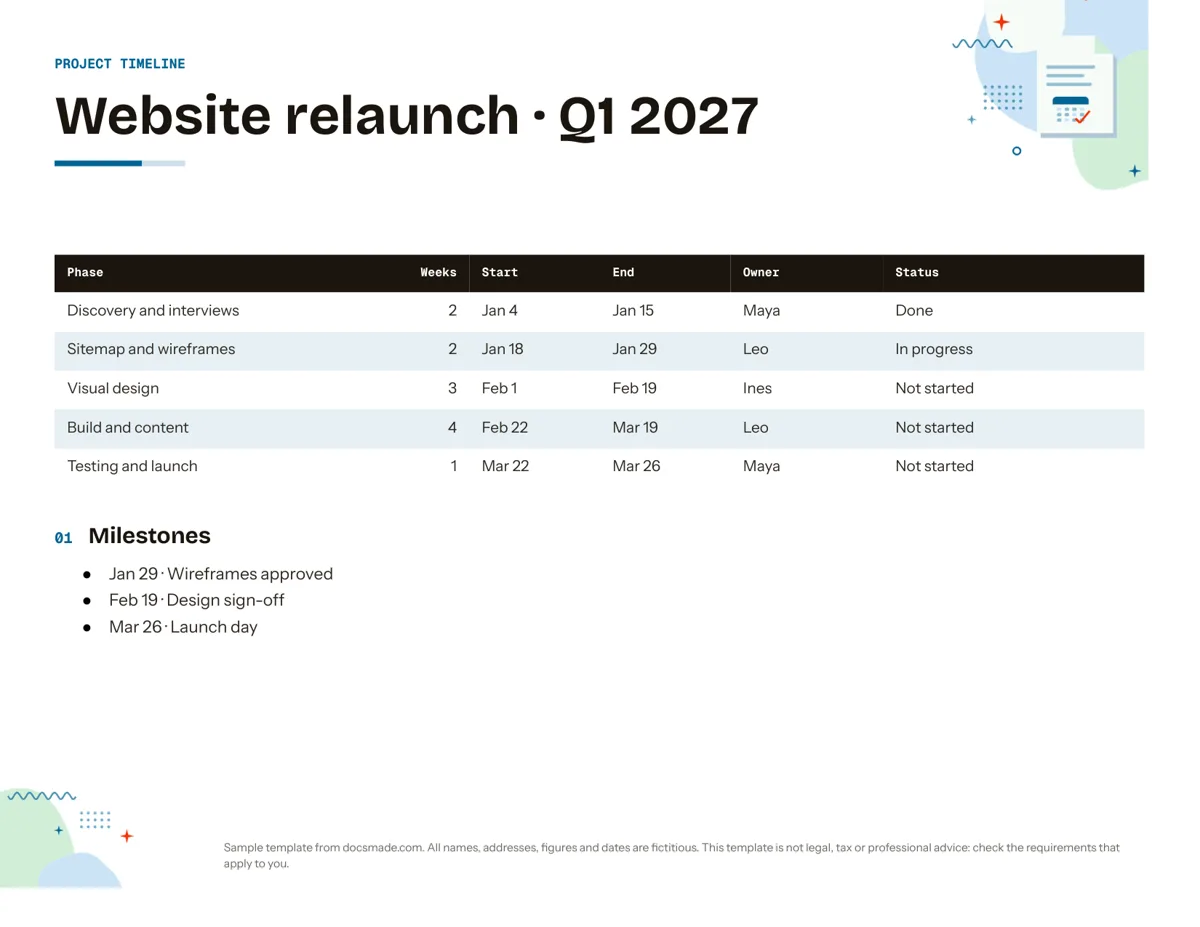 Timeline template in Google Docs, first page