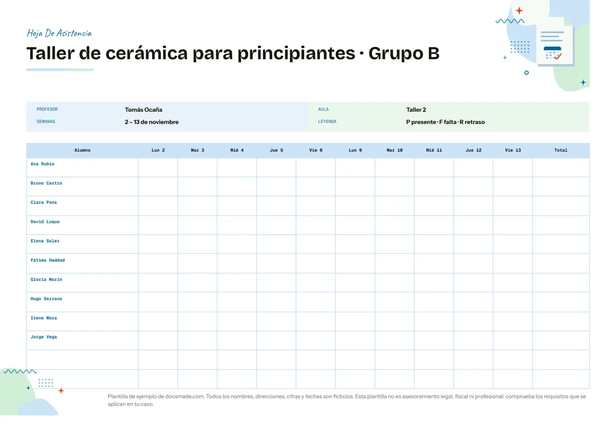 Lista de asistencia de un taller de cerámica en Google Docs, A4 horizontal