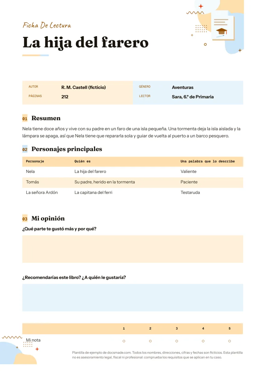Ficha de lectura de una novela de aventuras en Google Docs