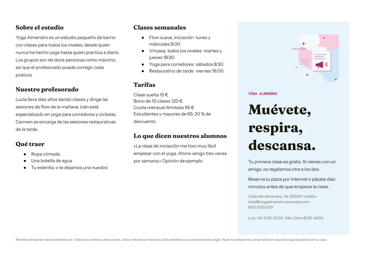 Plantilla de tríptico en Google Docs, primera página
