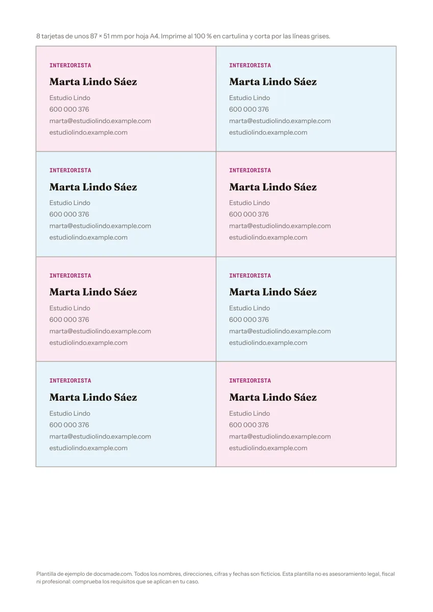 Hoja A4 con ocho tarjetas de visita de una interiorista en Google Docs