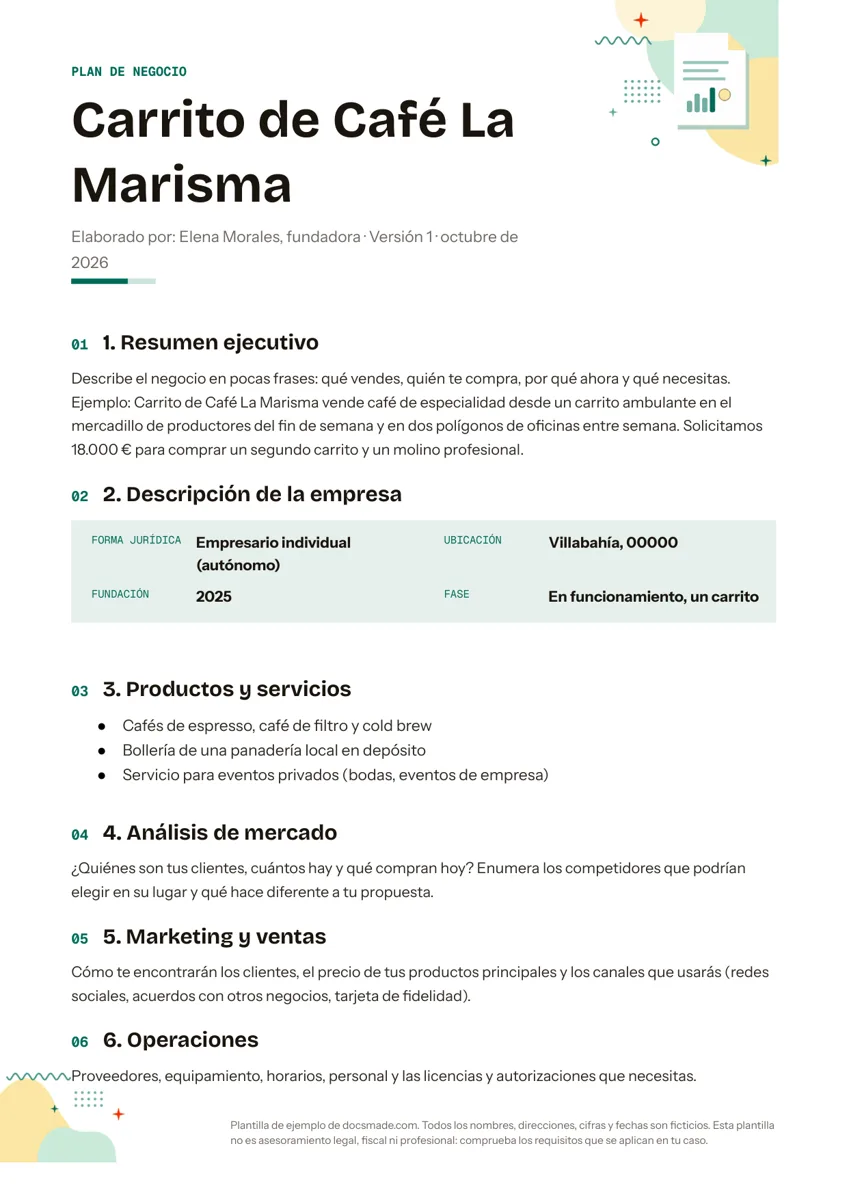 Plantilla de plan de negocios en Google Docs, primera página