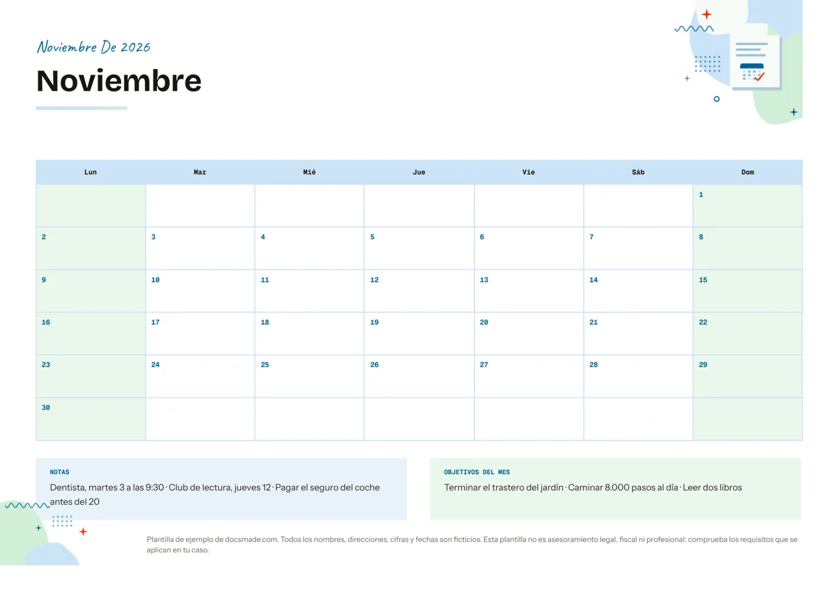 Plantilla de calendario mensual en Google Docs, primera página