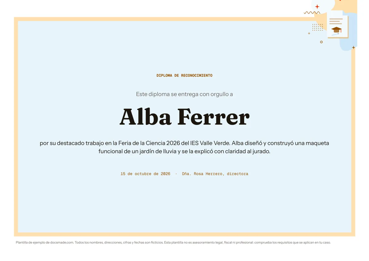 Plantilla de diploma de reconocimiento en Google Docs, primera página