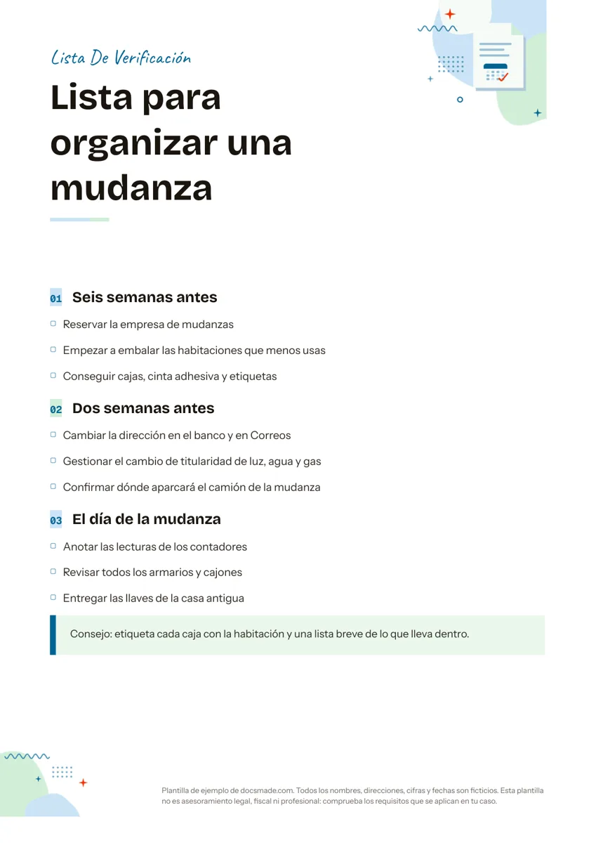 Plantilla de checklist en Google Docs, primera página
