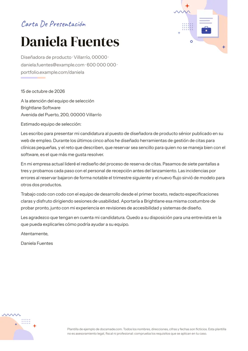 Modelo de carta de presentación en Google Docs, primera página