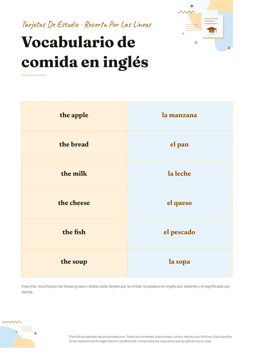 Plantilla de flashcards en Google Docs, primera página