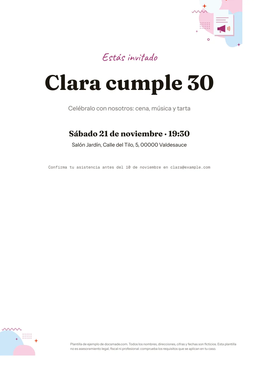 Plantilla de invitación de cumpleaños en Google Docs, primera página