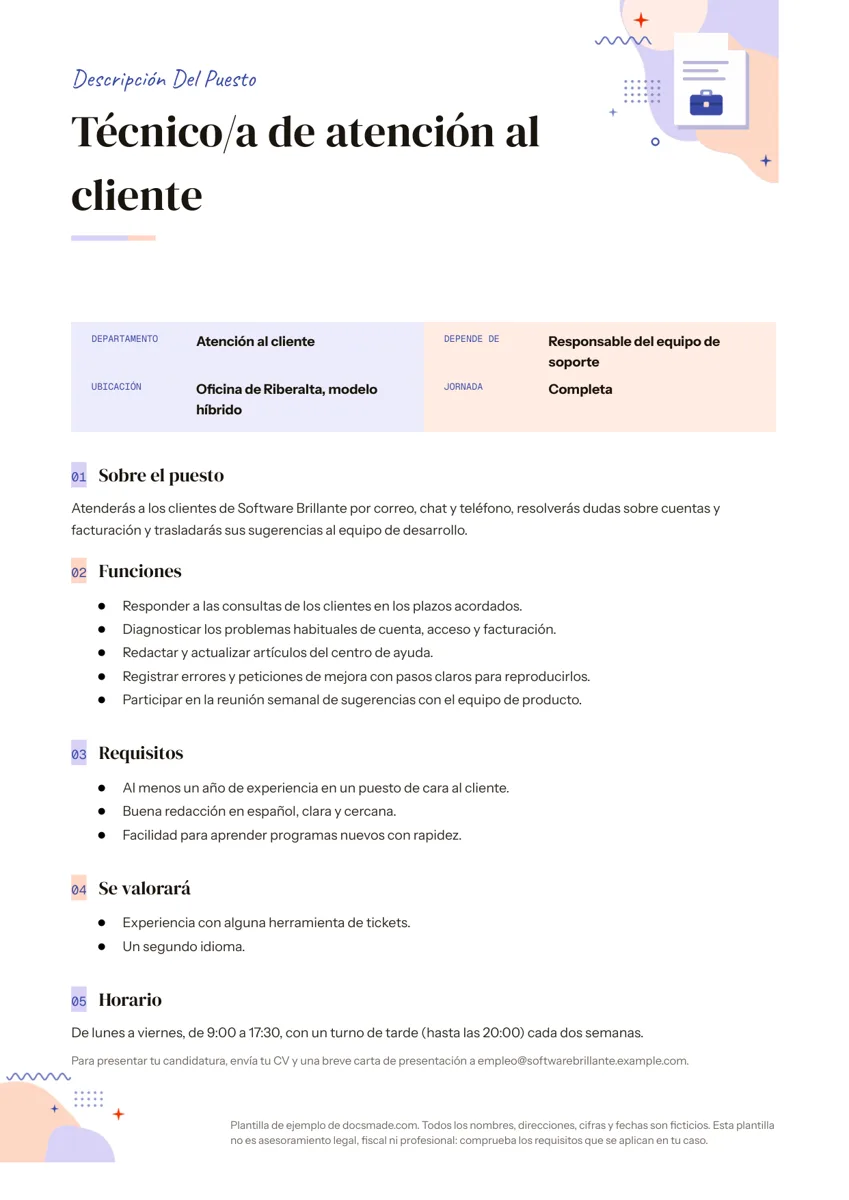 Descripción del puesto de técnico de atención al cliente en Google Docs