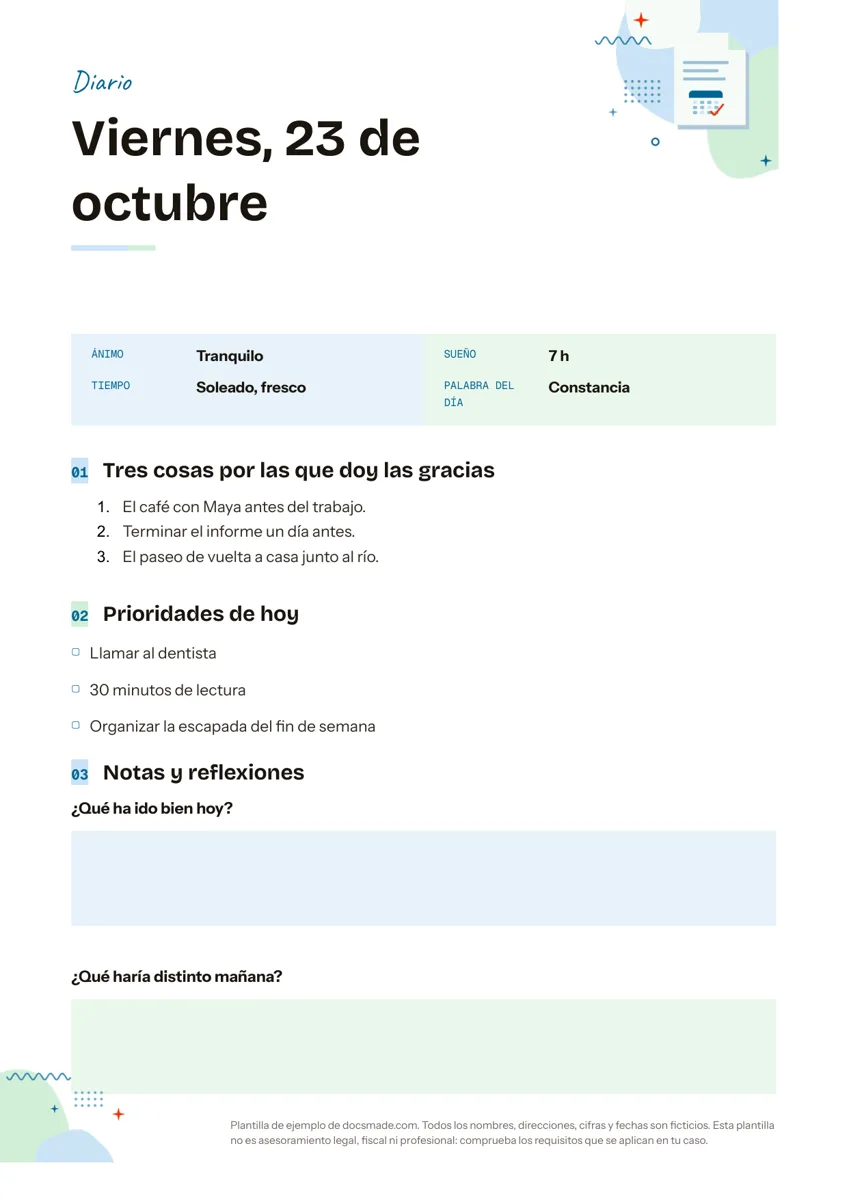 Página de diario personal con gratitud y prioridades en Google Docs