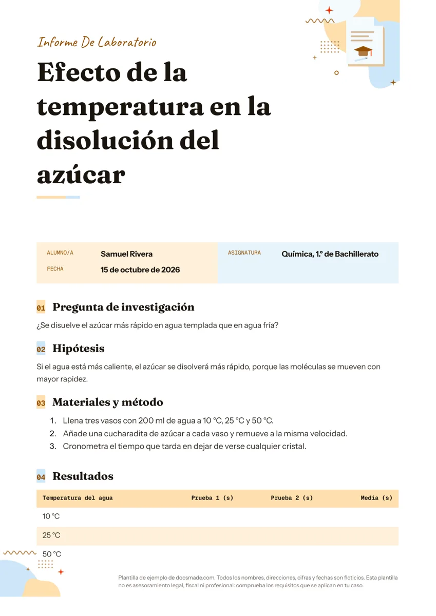 Plantilla de informe de laboratorio en Google Docs, primera página