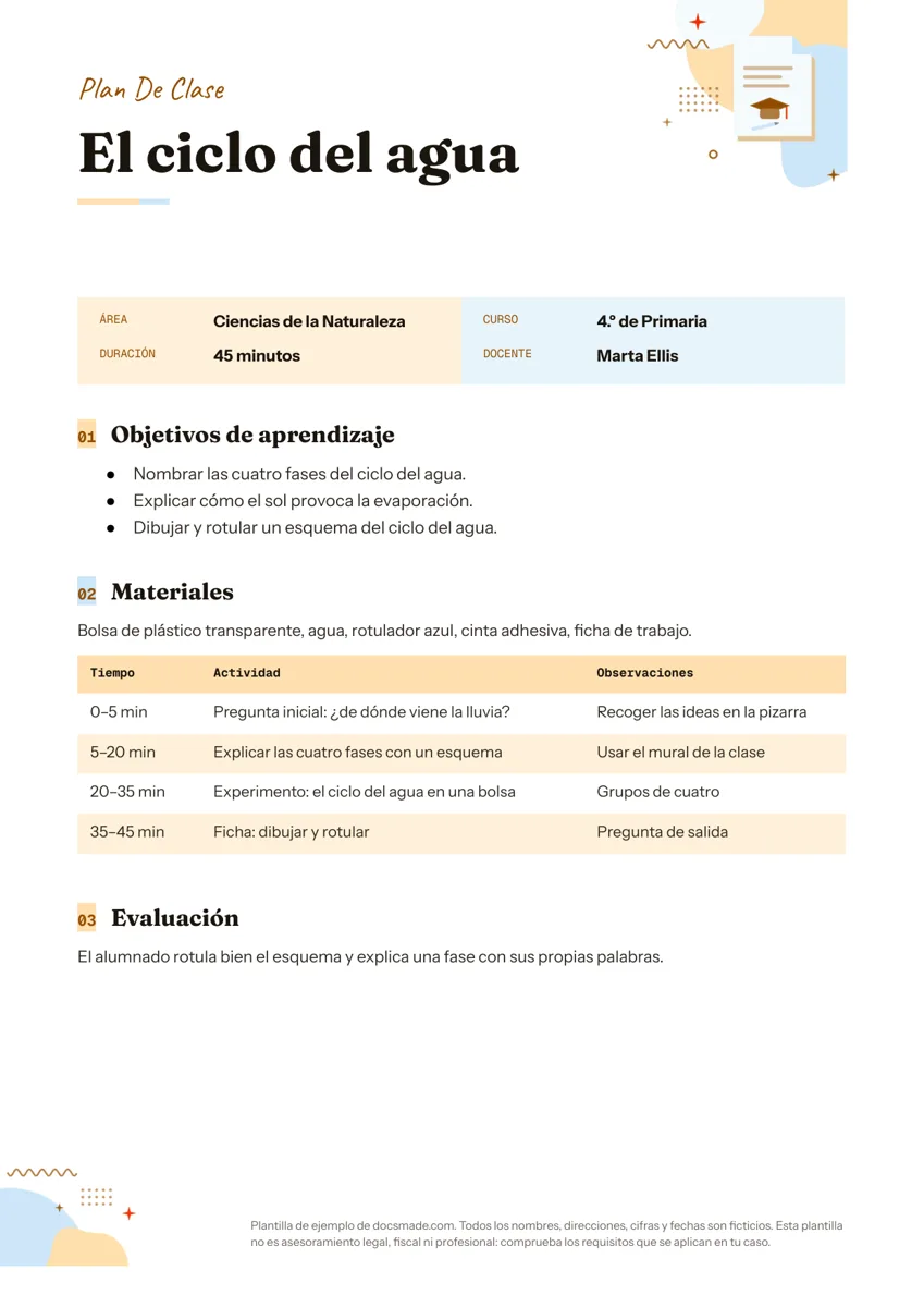 Plantilla de plan de clase en Google Docs, primera página
