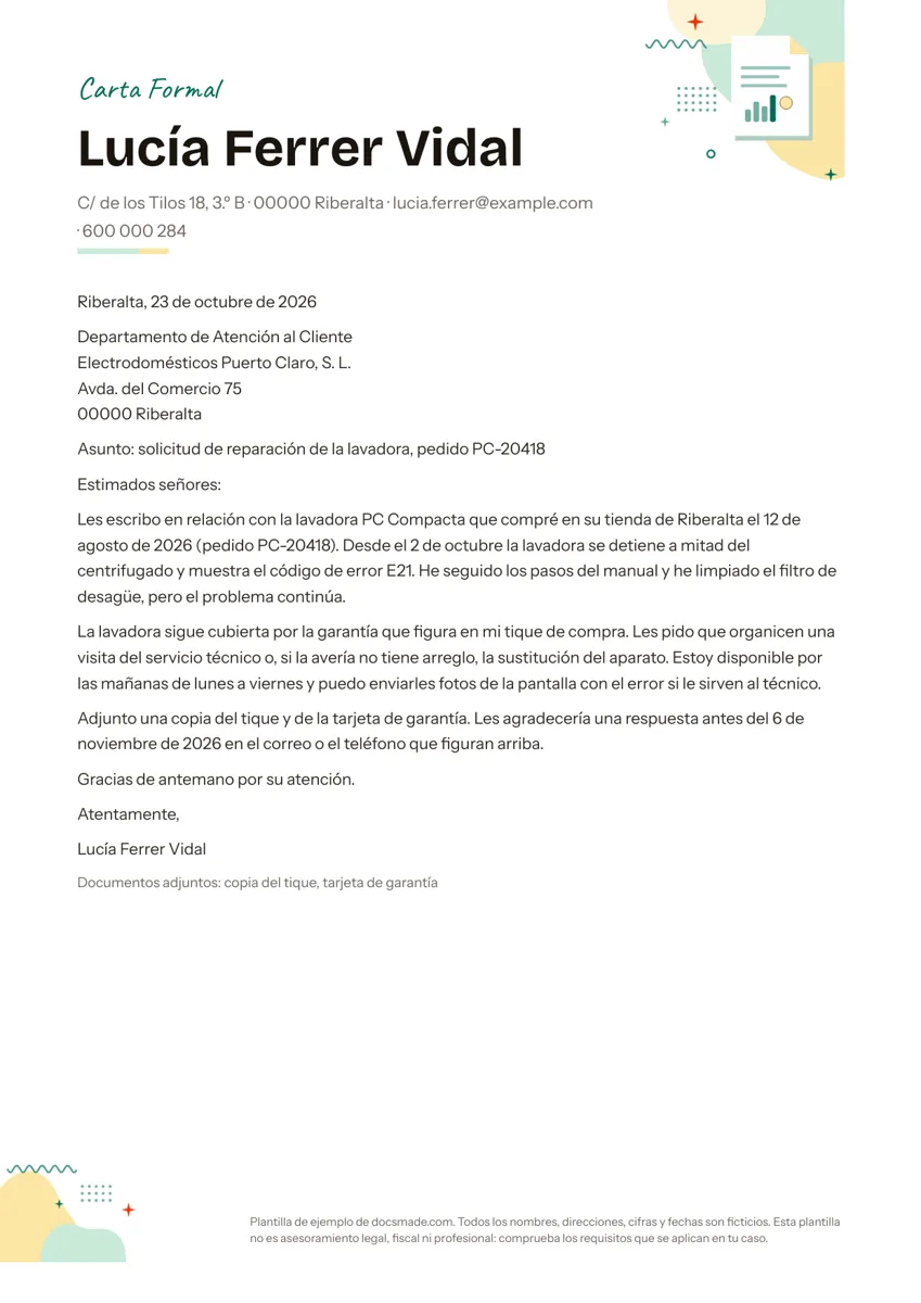 Modelo de carta formal de reclamación en Google Docs, página A4