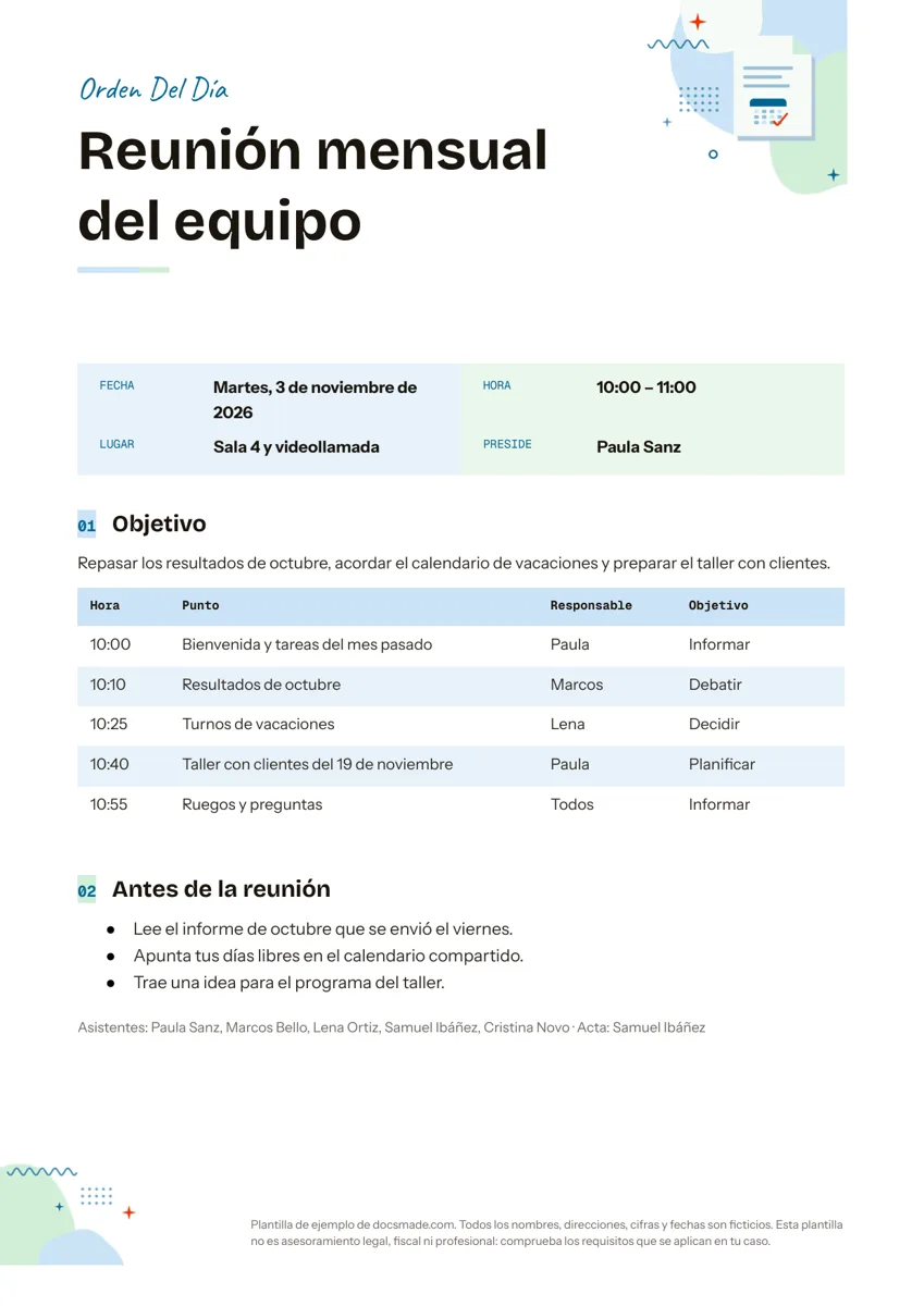 Orden del día de una reunión mensual de equipo en Google Docs