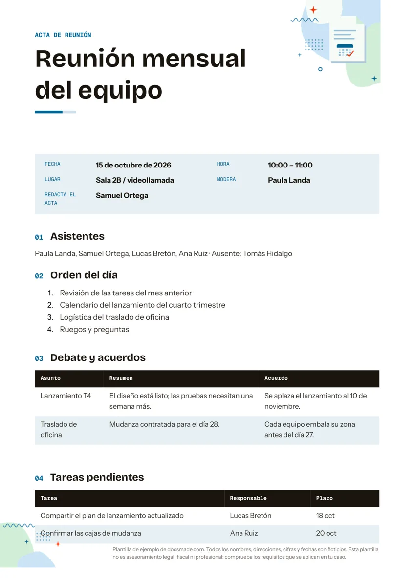 Modelo de acta de reunión en Google Docs, primera página
