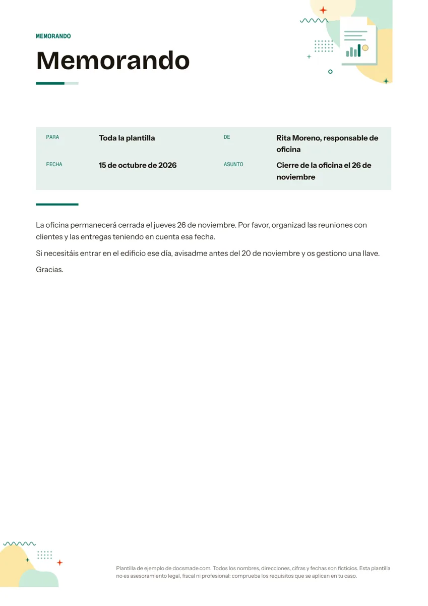 Plantilla de memorando en Google Docs, primera página
