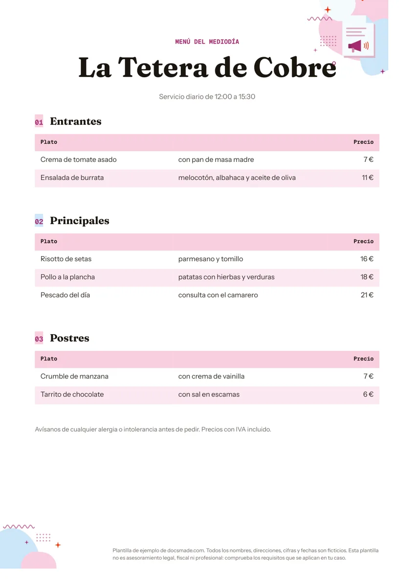 Plantilla de menú de restaurante en Google Docs, primera página