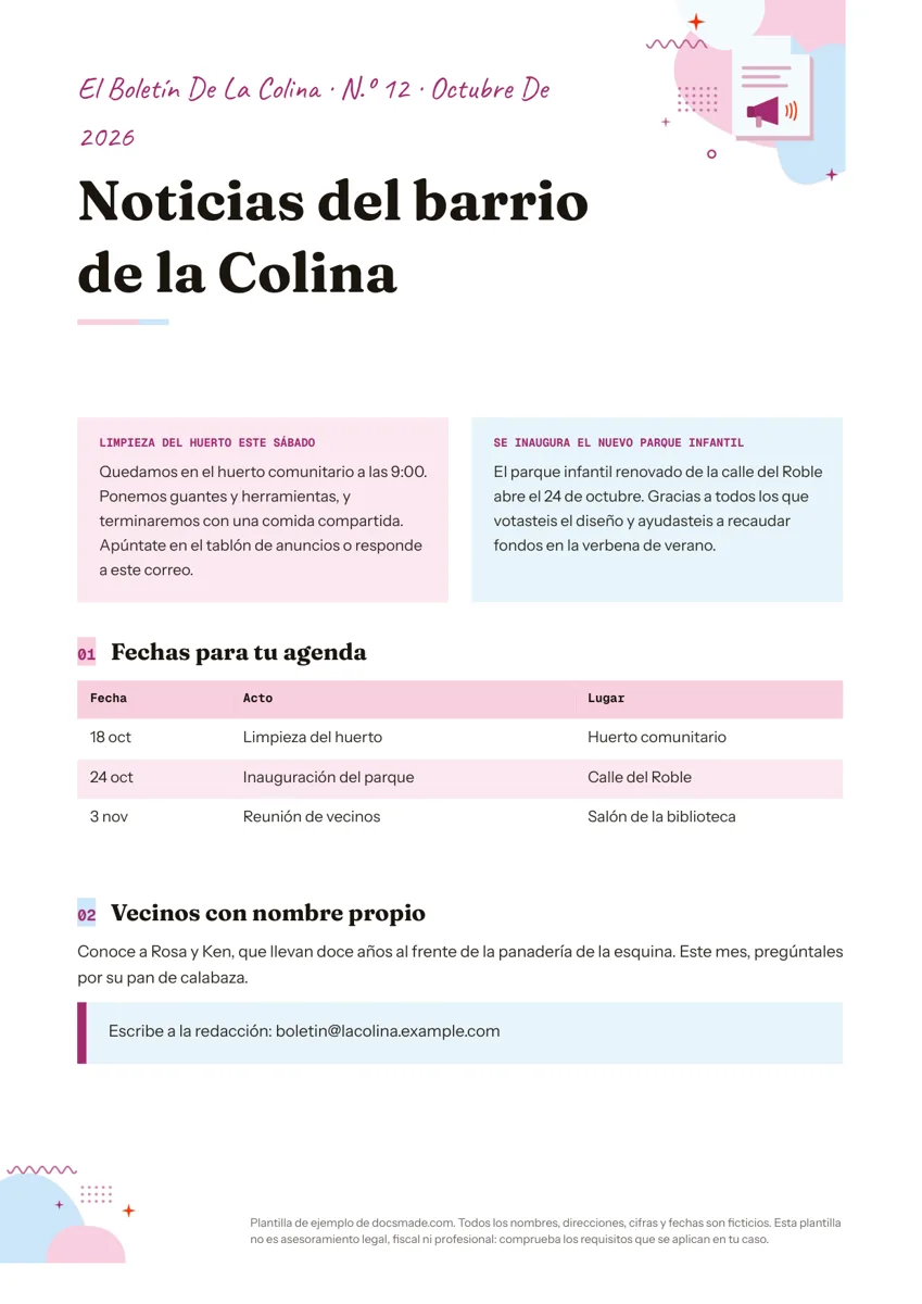 Plantilla de newsletter en Google Docs, primera página