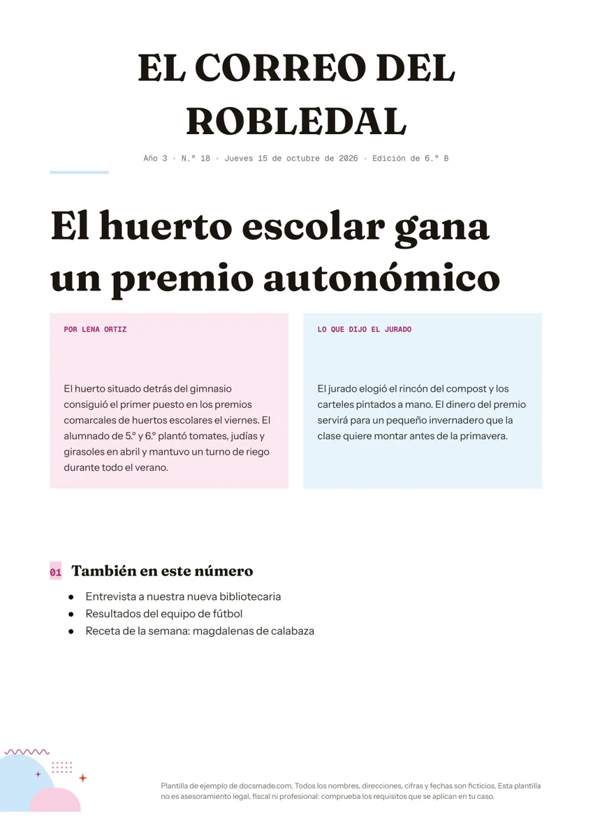 Plantilla de periódico escolar en Google Docs, primera página