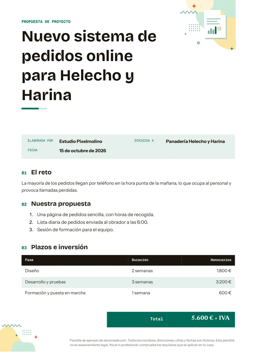 Plantilla de propuesta comercial en Google Docs, primera página