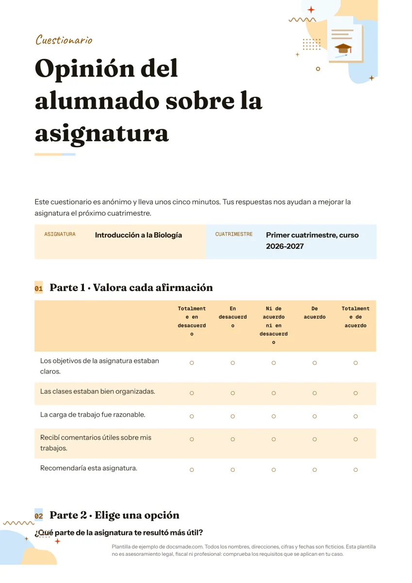 Plantilla de cuestionario en Google Docs, primera página