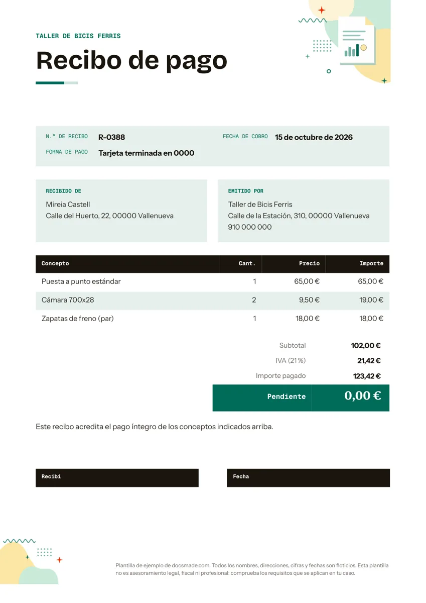 Modelo de recibo de pago en Google Docs, primera página