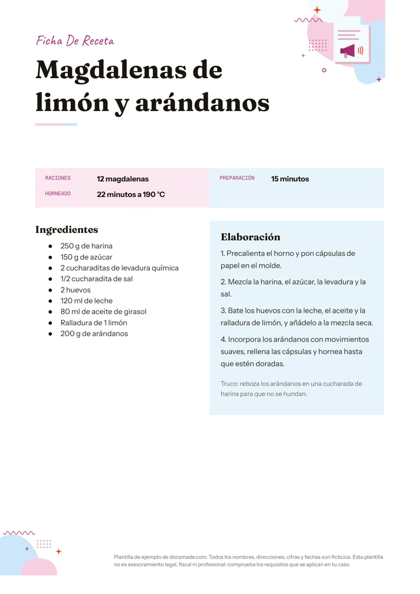 Plantilla de receta de cocina en Google Docs, primera página