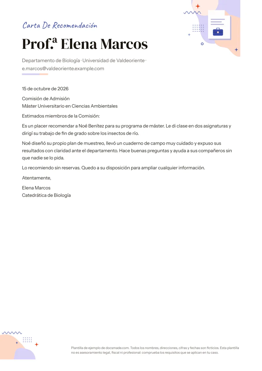 Modelo de carta de recomendación en Google Docs, primera página