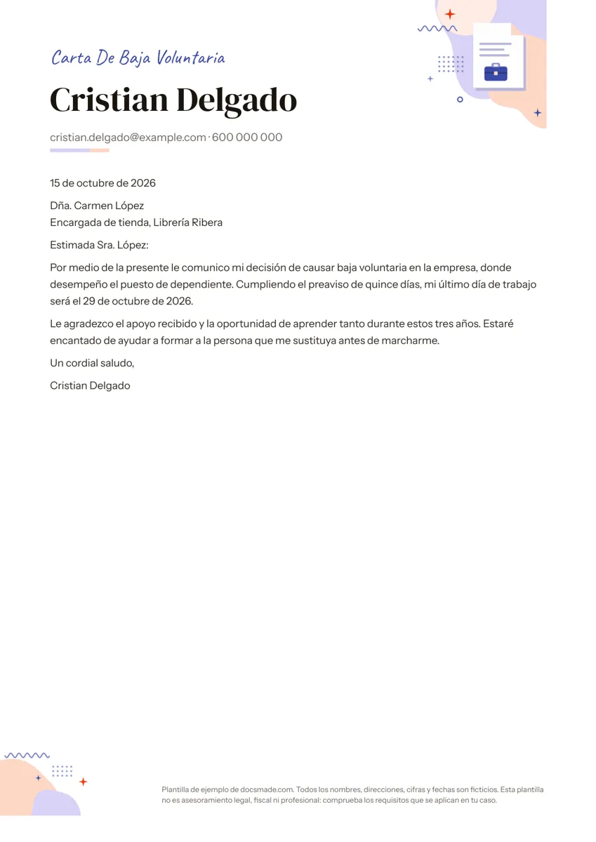 Modelo de carta de baja voluntaria en Google Docs, primera página