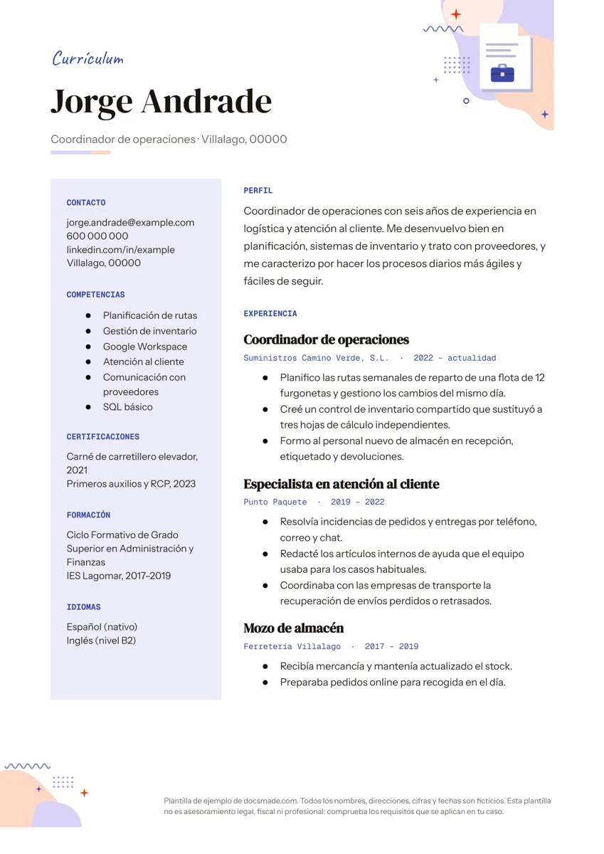 Plantilla de currículum vitae en Google Docs, primera página