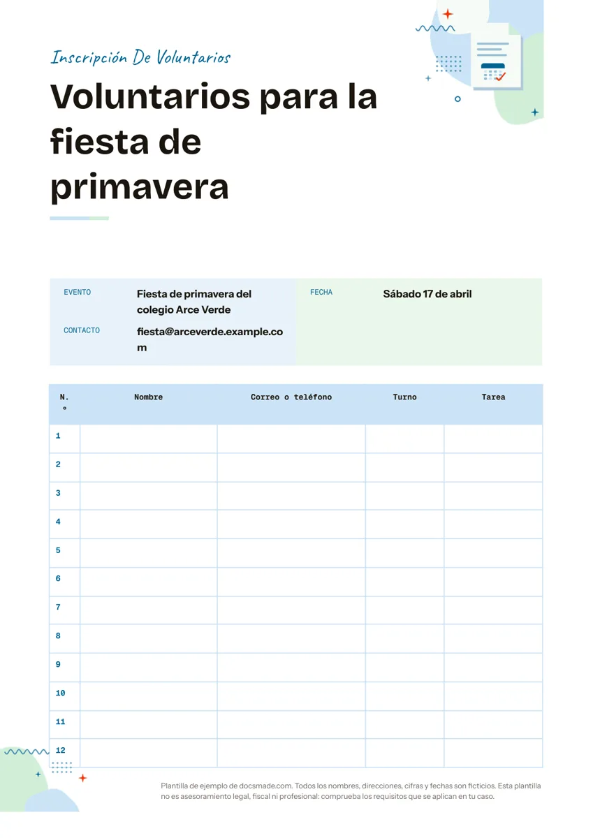 Hoja de inscripción de voluntarios en Google Docs, primera página
