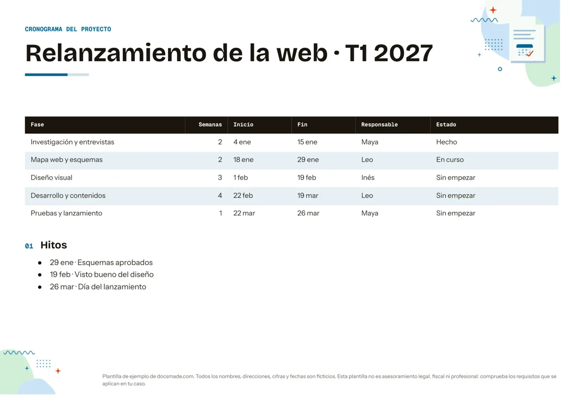 Plantilla de cronograma de proyecto en Google Docs, primera página