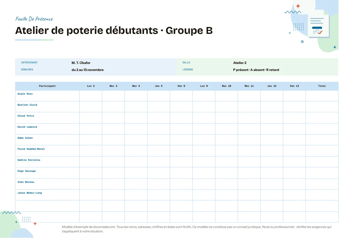Modèle de feuille de présence dans Google Docs, page en A4 paysage