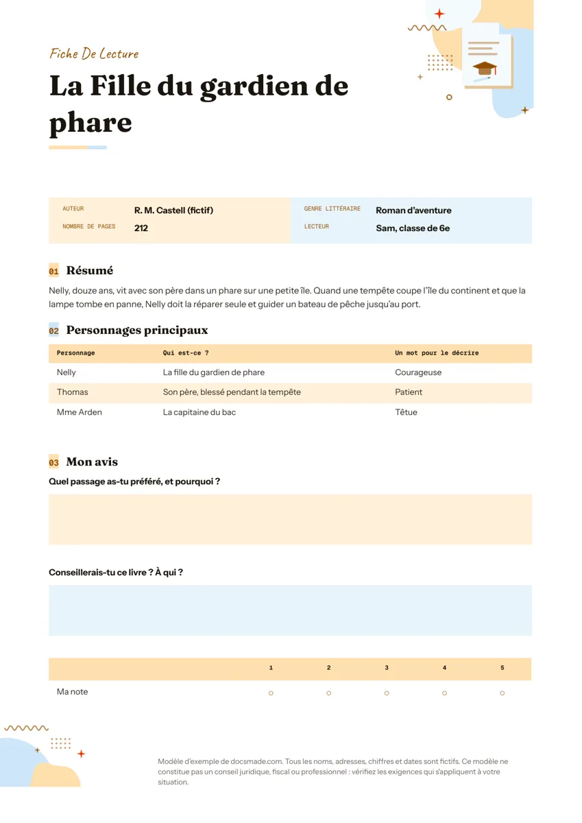Modèle de fiche de lecture dans Google Docs, première page