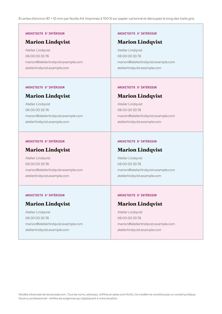 Modèle de carte de visite dans Google Docs, planche de 8 cartes sur A4