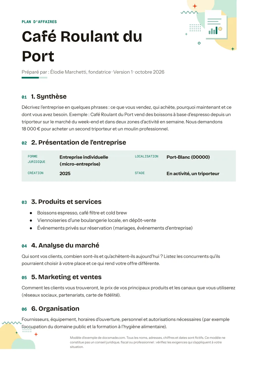 Modèle de business plan dans Google Docs, première page