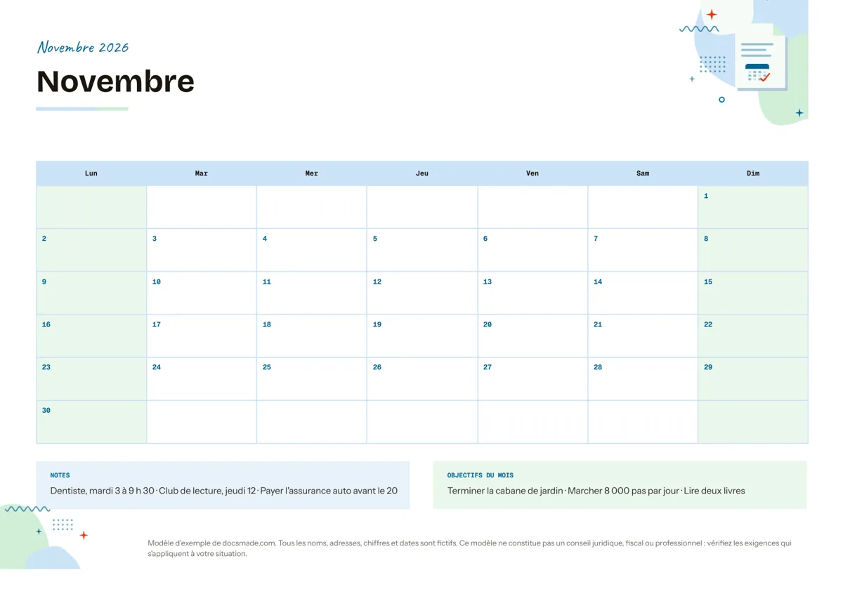 Modèle de calendrier mensuel dans Google Docs, page en paysage