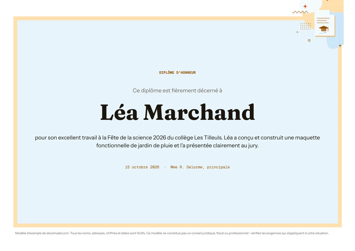 Modèle de certificat de réussite dans Google Docs, page en paysage