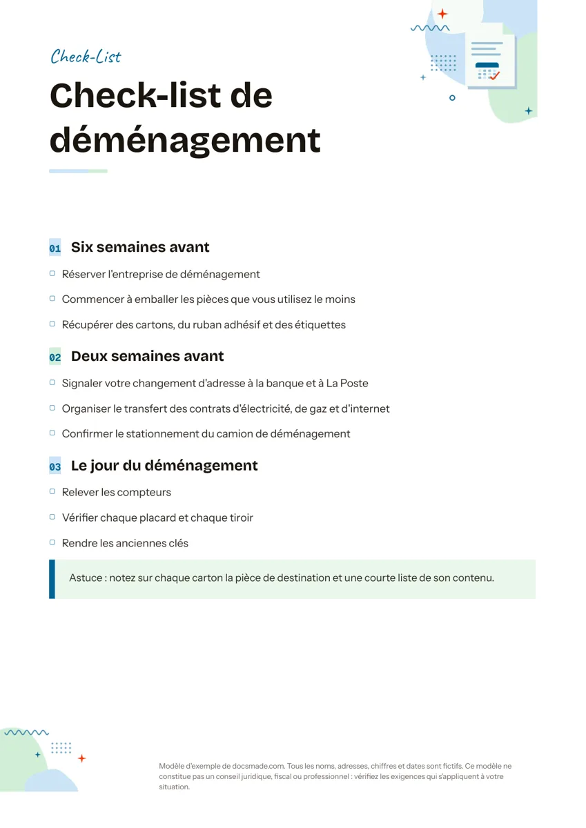 Modèle de check-list dans Google Docs, première page