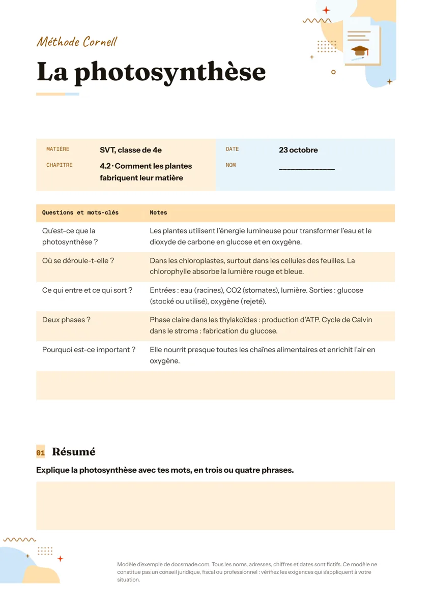 Modèle de prise de notes méthode Cornell dans Google Docs, première page