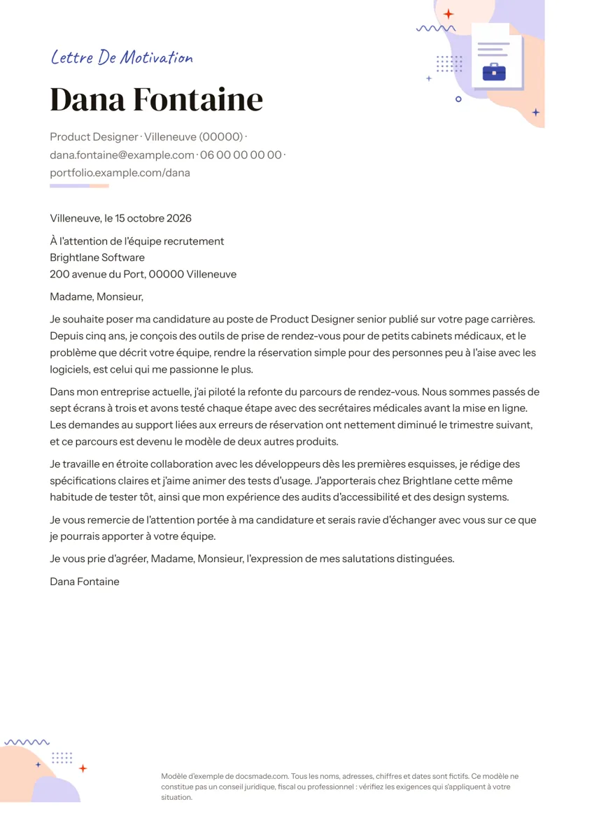 Modèle de lettre de motivation dans Google Docs, première page