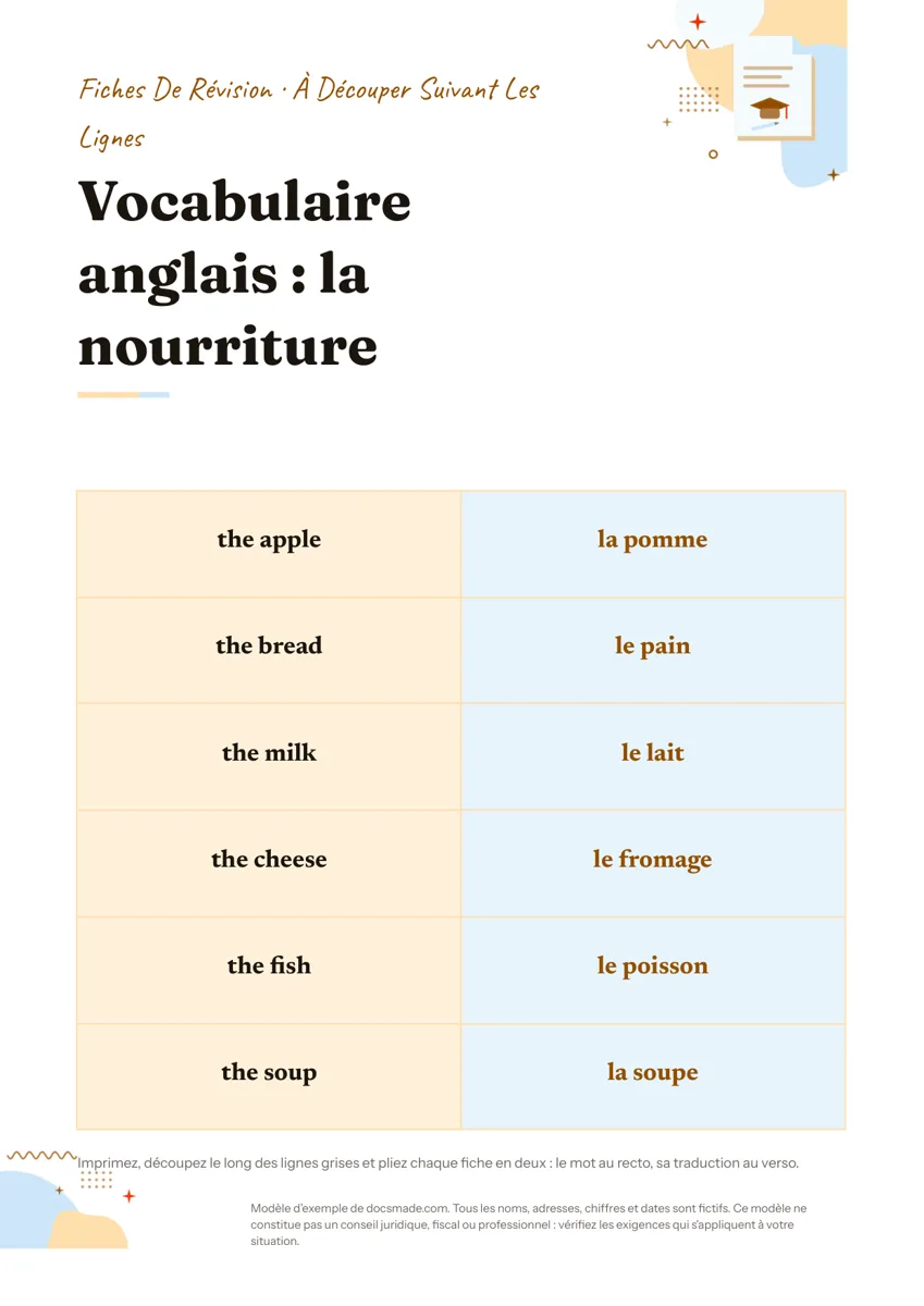 Modèle de flashcards à imprimer dans Google Docs, première page