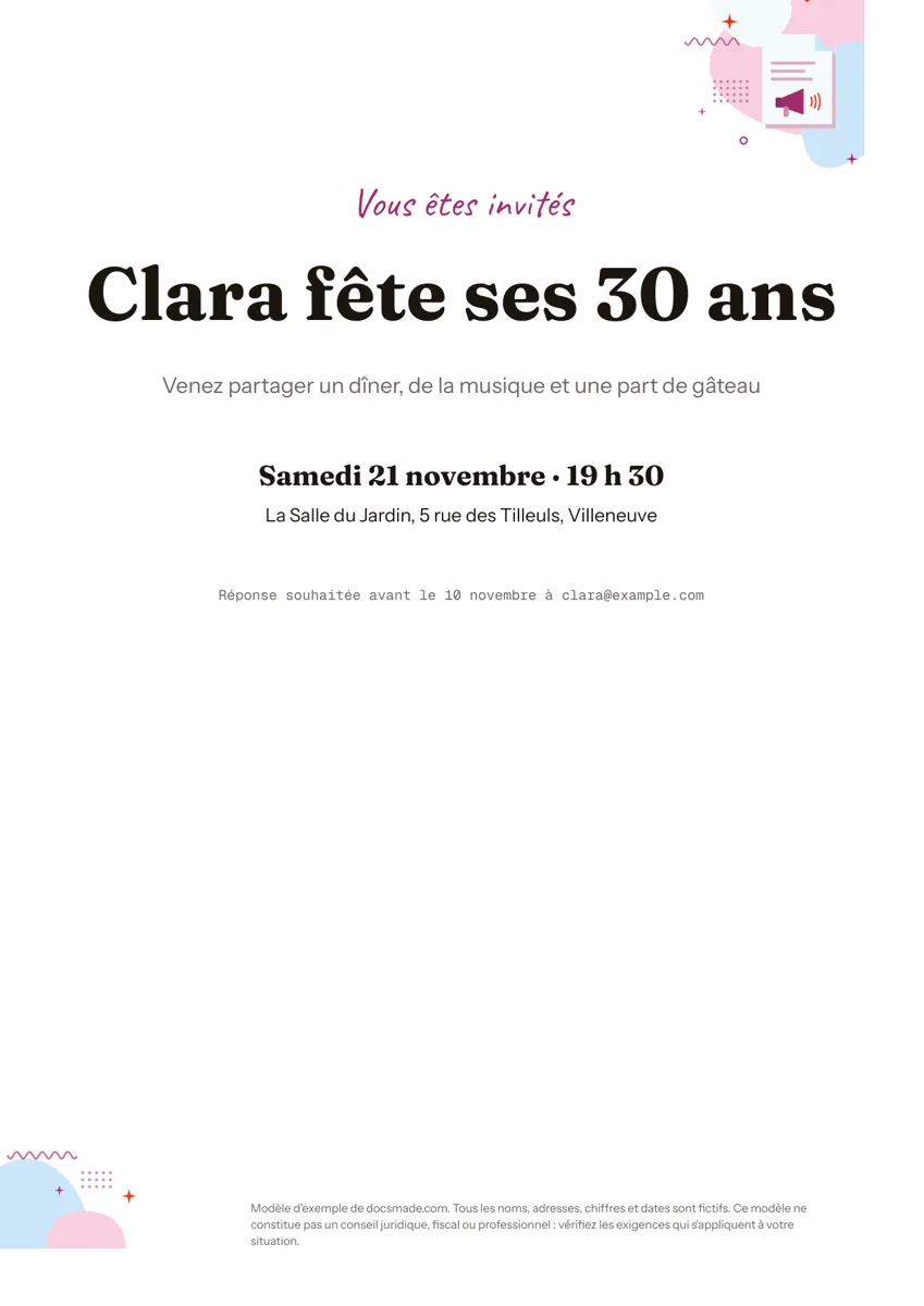 Modèle de carte d'invitation dans Google Docs, première page