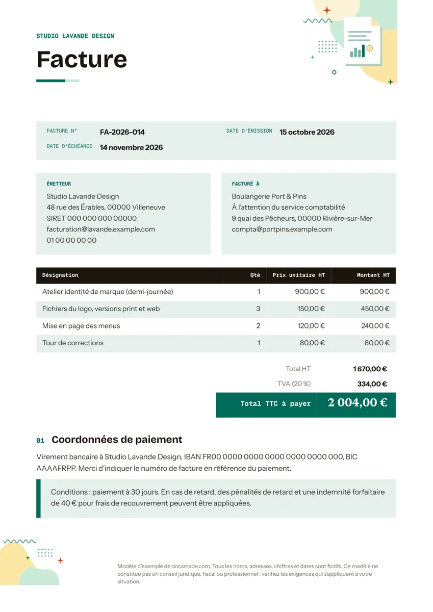 Modèle de facture dans Google Docs, première page