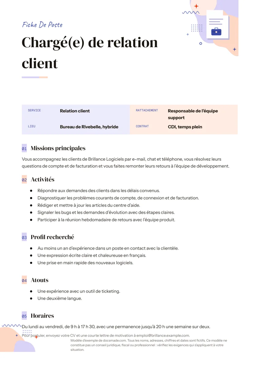 Modèle de fiche de poste dans Google Docs, première page