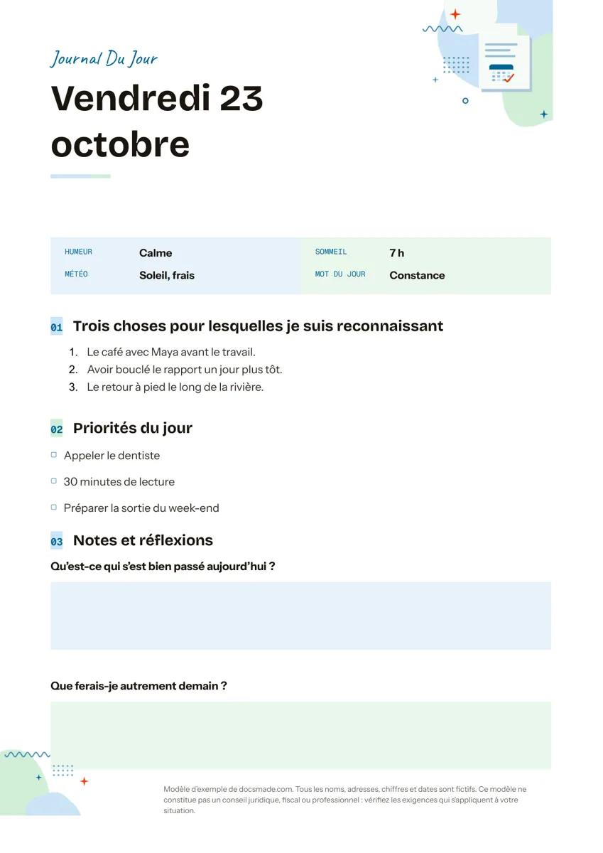 Modèle de journal de gratitude dans Google Docs, première page