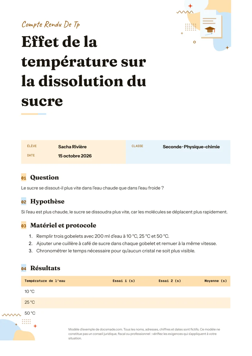 Modèle de compte rendu de TP dans Google Docs, première page
