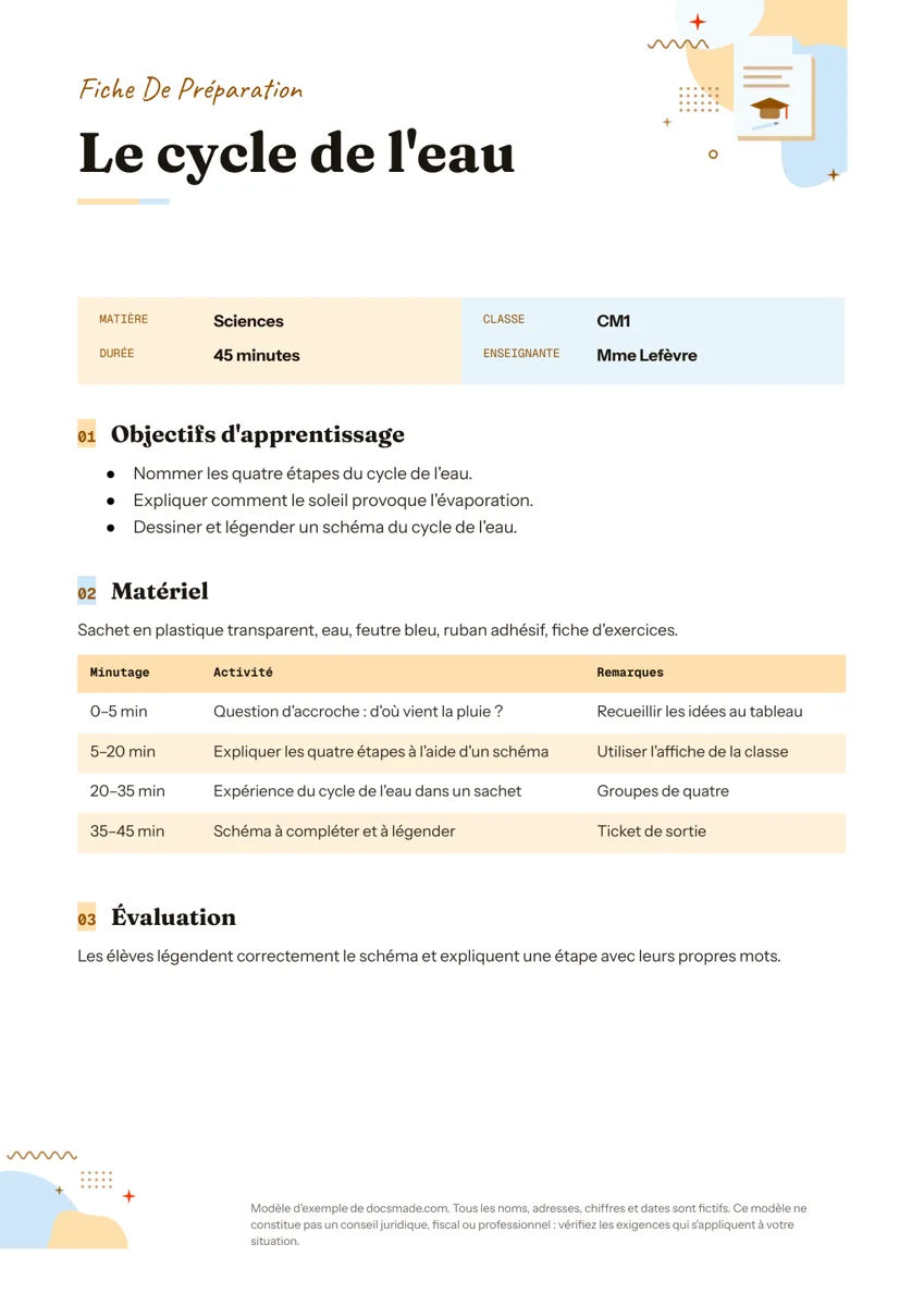 Modèle de fiche de préparation dans Google Docs, première page